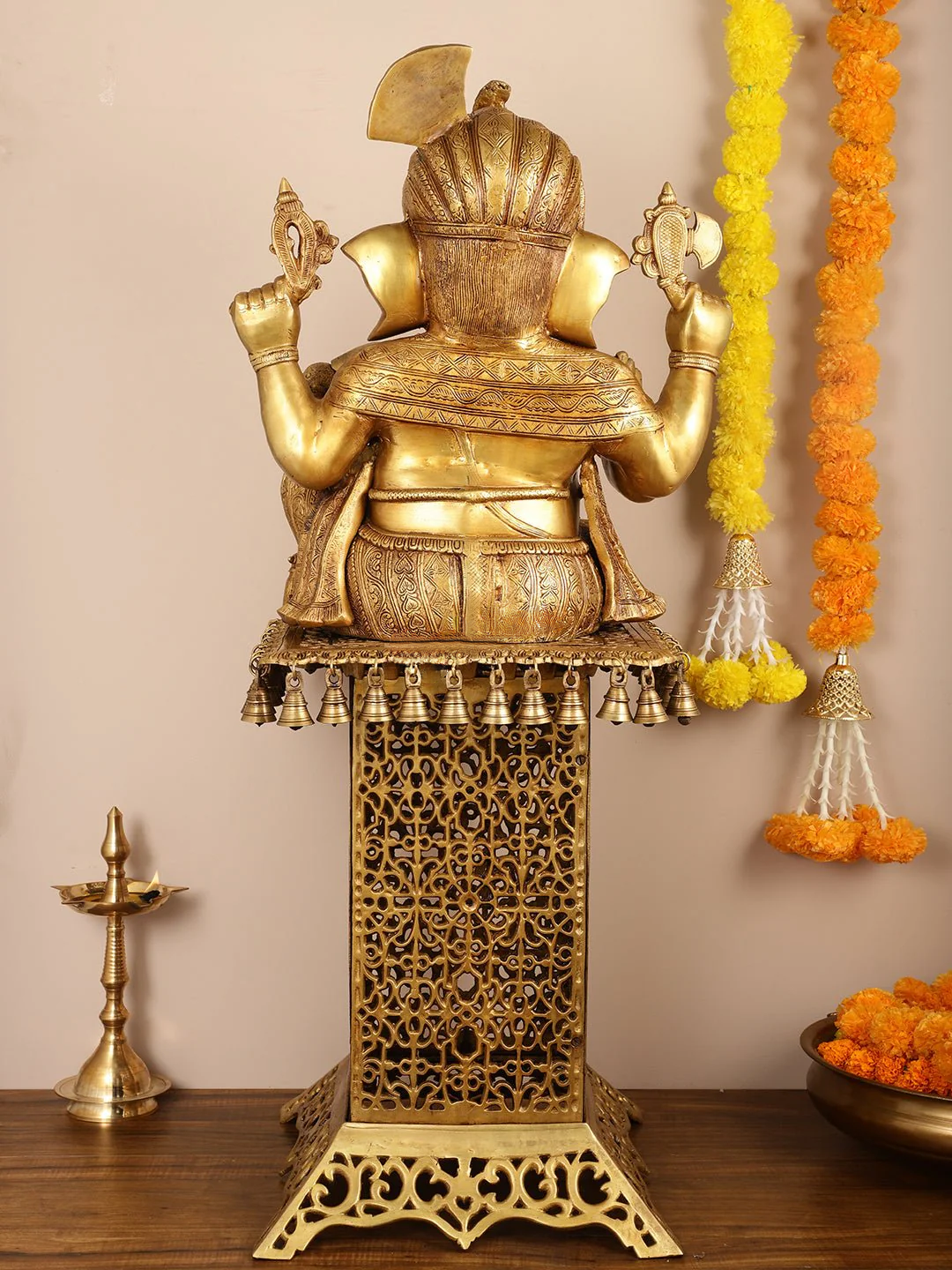 Brassaura™ Pure Brass Lord Ganesha Idol on Handcrafted Engraved Brass Stool | Grand Spiritual Showpiece | Total Weight 50.5 Kgs | Idol Height 21 Inches