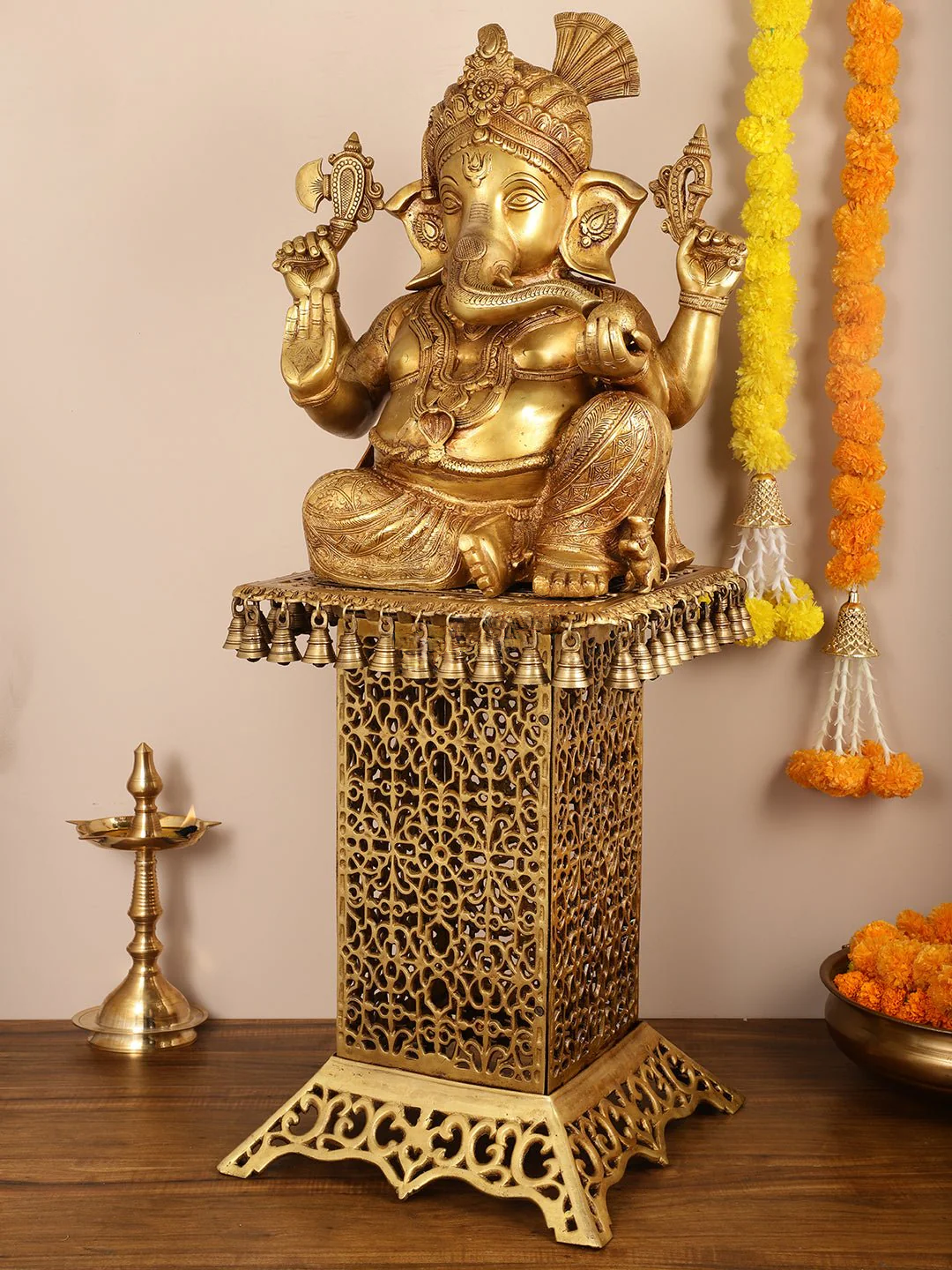 Brassaura™ Pure Brass Lord Ganesha Idol on Handcrafted Engraved Brass Stool | Grand Spiritual Showpiece | Total Weight 50.5 Kgs | Idol Height 21 Inches