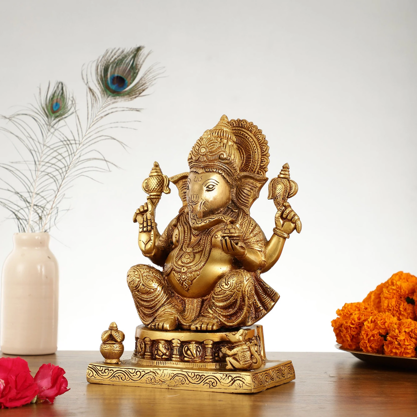 Brassaura™ Brass Lord Ganesha Statue | Ashtavinayaka Engraving | Height 10.5 Inches & Weight 6.5 Kgs