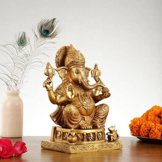 Brassaura™ Brass Lord Ganesha Statue | Ashtavinayaka Engraving | Height 10.5 Inches & Weight 6.5 Kgs
