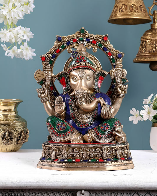 Brassaura® Brass Ganesha Statue with Decorative Frame | Height 13 Inches