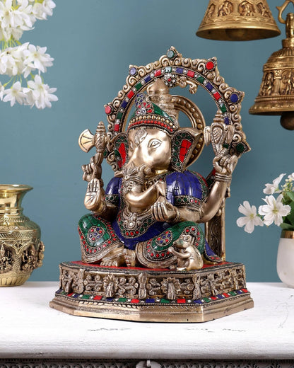 Brassaura® Brass Ganesha Statue with Decorative Frame | Height 13 Inches