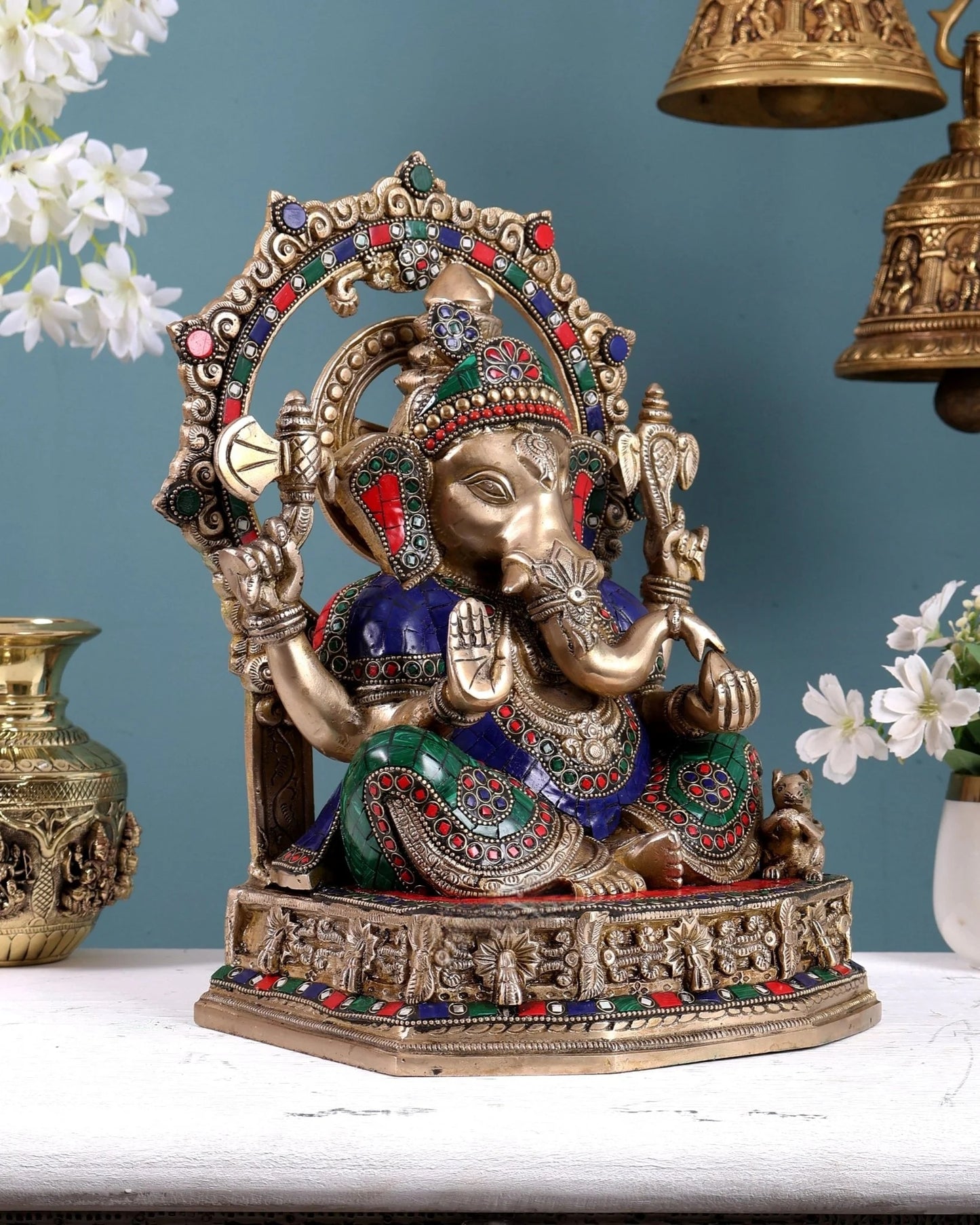 Brassaura® Brass Ganesha Statue with Decorative Frame | Height 13 Inches