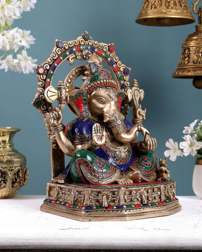Brassaura® Brass Ganesha Statue with Decorative Frame | Height 13 Inches
