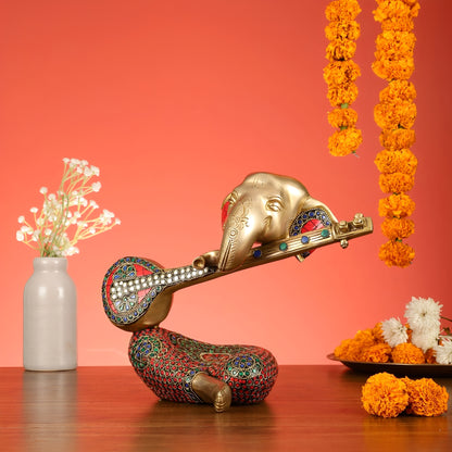 Brassaura™ Pure Brass Lord Ganesha with Veena Idol | Handcrafted Musical Showpiece | Weight 4.5 Kgs | Height 9.5 Inches
