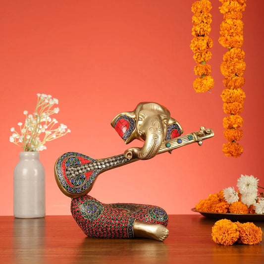 ब्रासौरा® शुद्ध पीतल भगवान गणेश वीणा प्रतिमा | हस्तनिर्मित संगीतमय शोपीस | ऊँचाई 9.5 इंच