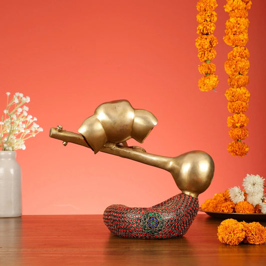 Brassaura™ Pure Brass Lord Ganesha with Veena Idol | Handcrafted Musical Showpiece | Weight 4.5 Kgs | Height 9.5 Inches
