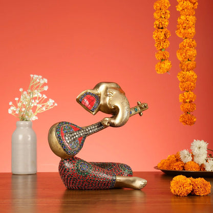 Brassaura™ Pure Brass Lord Ganesha with Veena Idol | Handcrafted Musical Showpiece | Weight 4.5 Kgs | Height 9.5 Inches