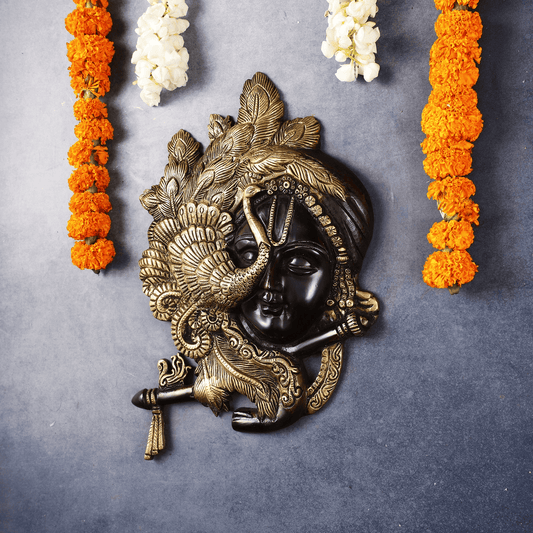Brassaura™ Lord Krishna Face Wall Hanging | Brass with Black Permanent Finish | Height 12.5 Inches & Weight 3 Kgs