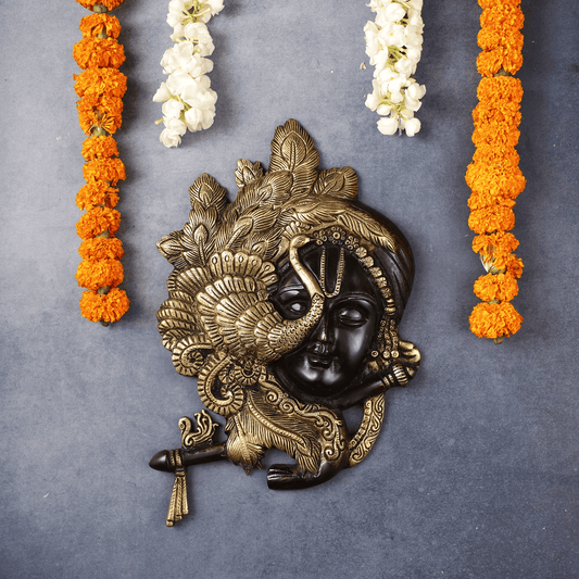 Brassaura™ Lord Krishna Face Wall Hanging | Brass with Black Permanent Finish | Height 12.5 Inches & Weight 3 Kgs