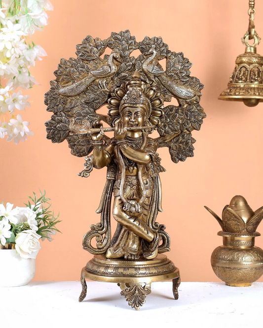 Brassaura® Lord Krishna Playing Flute Under Kalpavriksha Idol with Antique Finish | Pure Superfine Brass Handcrafted Murti | Brass Statue for Home Temple, Pooja Room | Height 18 Inches | Weight 9 Kgs
