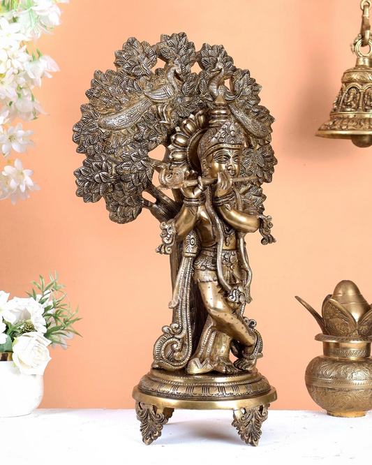 Brassaura® Lord Krishna Playing Flute Under Kalpavriksha Idol with Antique Finish | Pure Superfine Brass Handcrafted Murti | Brass Statue for Home Temple, Pooja Room | Height 18 Inches | Weight 9 Kgs