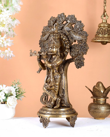 ब्रासोरा® वृंदावन वेणुगोपाल कृष्ण पीतल की प्रतिमा मोर के साथ | एंटीक नीला और सुनहरा रंग | ऊँचाई 20 इंच