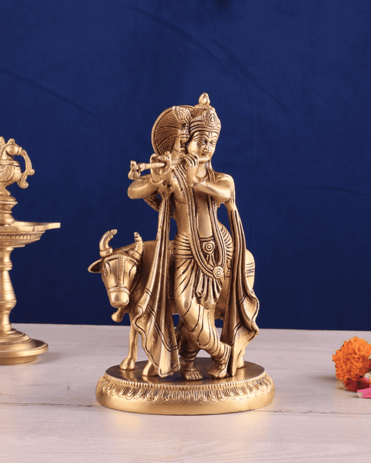 Brassaura™ Brass Lord Krishna with Cow Idol | Height 8.5 Inches & Weight 2.87 Kgs