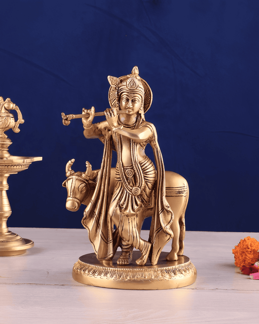 Brassaura™ Brass Lord Krishna with Cow Idol | Height 8.5 Inches & Weight 2.87 Kgs