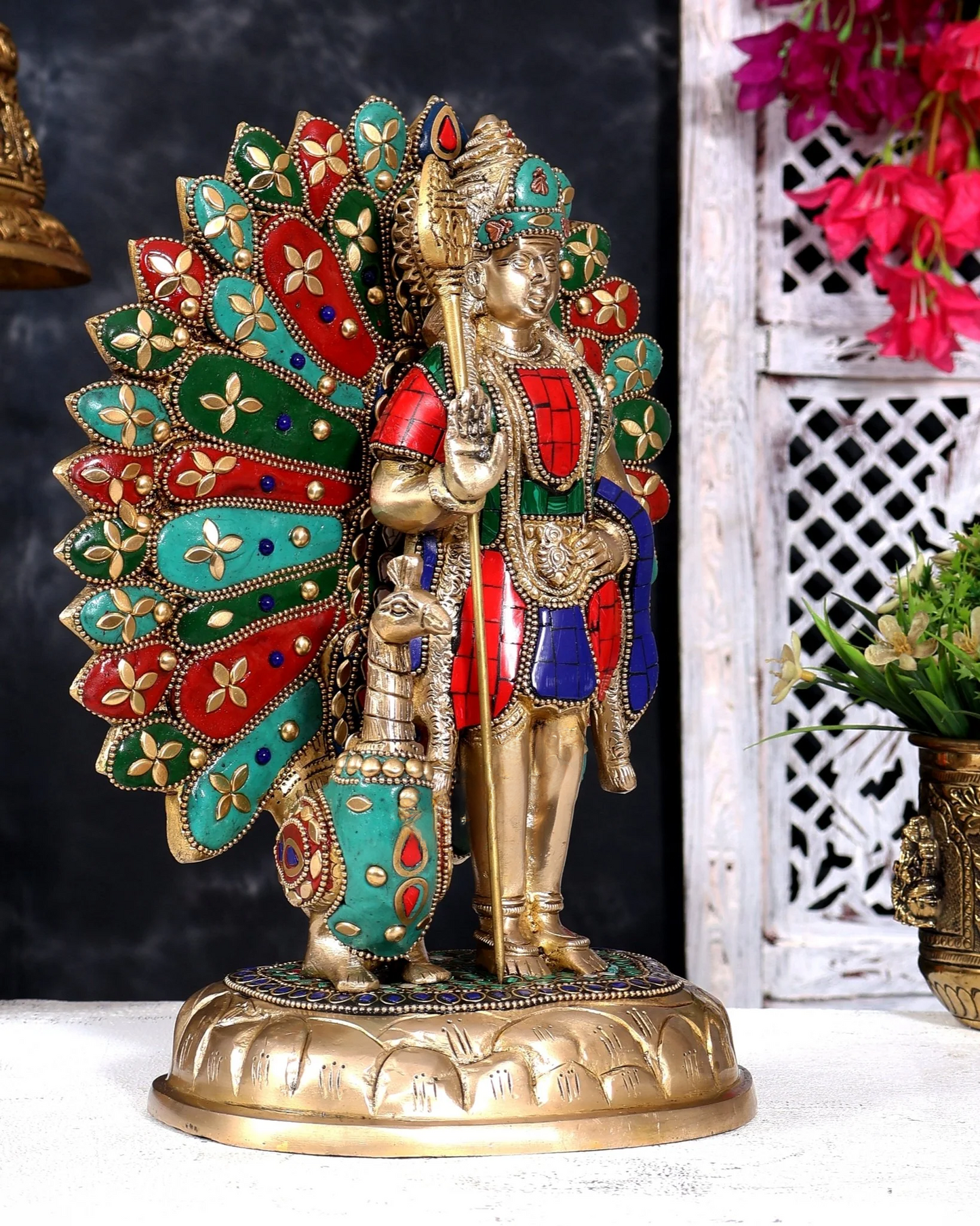 Brassaura® Lord Murugan Standing Idol with Open-Wing Peacock with Superfine Handcrafted Antique Brass Finish | Pure Superfine Brass Handcrafted Murti | Brass Statue for Home Temple, Pooja Room | Height 9.5 Inches | Weight 4.1 Kgs