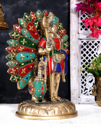 Brassaura® Lord Murugan Standing Idol with Open-Wing Peacock with Superfine Handcrafted Antique Brass Finish | Pure Superfine Brass Handcrafted Murti | Brass Statue for Home Temple, Pooja Room | Height 9.5 Inches | Weight 4.1 Kgs