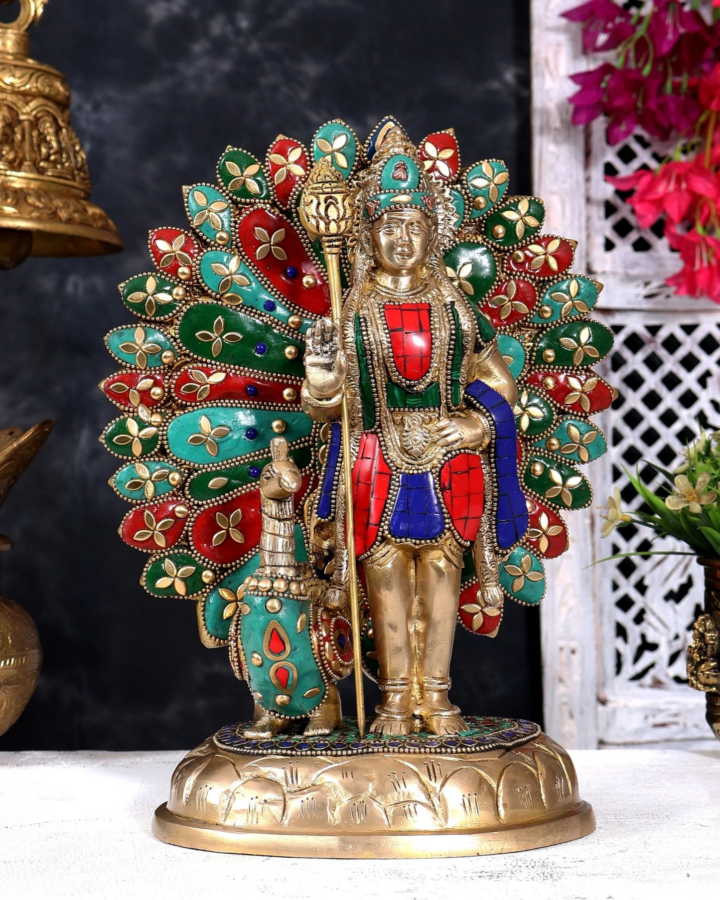 Brassaura® Lord Murugan Standing Idol with Open-Wing Peacock with Superfine Handcrafted Antique Brass Finish | Pure Superfine Brass Handcrafted Murti | Brass Statue for Home Temple, Pooja Room | Height 9.5 Inches | Weight 4.1 Kgs
