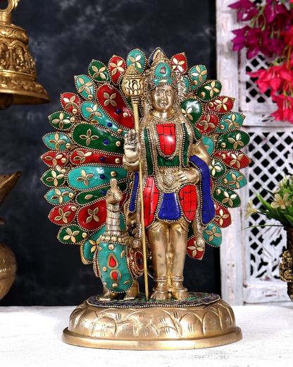 Brassaura® Lord Murugan Standing Idol with Open-Wing Peacock with Superfine Handcrafted Antique Brass Finish | Pure Superfine Brass Handcrafted Murti | Brass Statue for Home Temple, Pooja Room | Height 9.5 Inches | Weight 4.1 Kgs