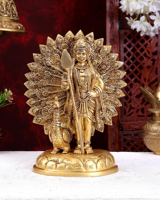 ब्रासोरा® वृंदावन वेणुगोपाल कृष्ण पीतल की प्रतिमा मोर के साथ | एंटीक नीला और सुनहरा रंग | ऊँचाई 20 इंच