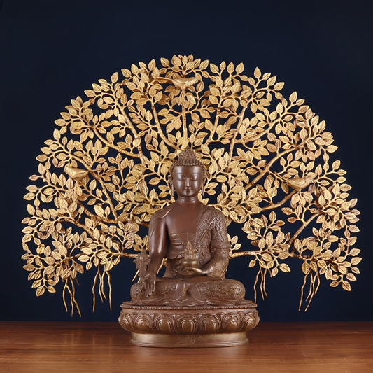 Brass Bhumisprasa Buddha Statue Weight 12 kg Kalpavriksha Tree Weight 18 kg