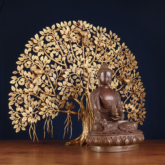 Brassaura™ Brass Buddha With Kalpavriksha Tree – Weight 30 Kgs | Elegant Handcrafted Sculpture for Temple & Home Décor
