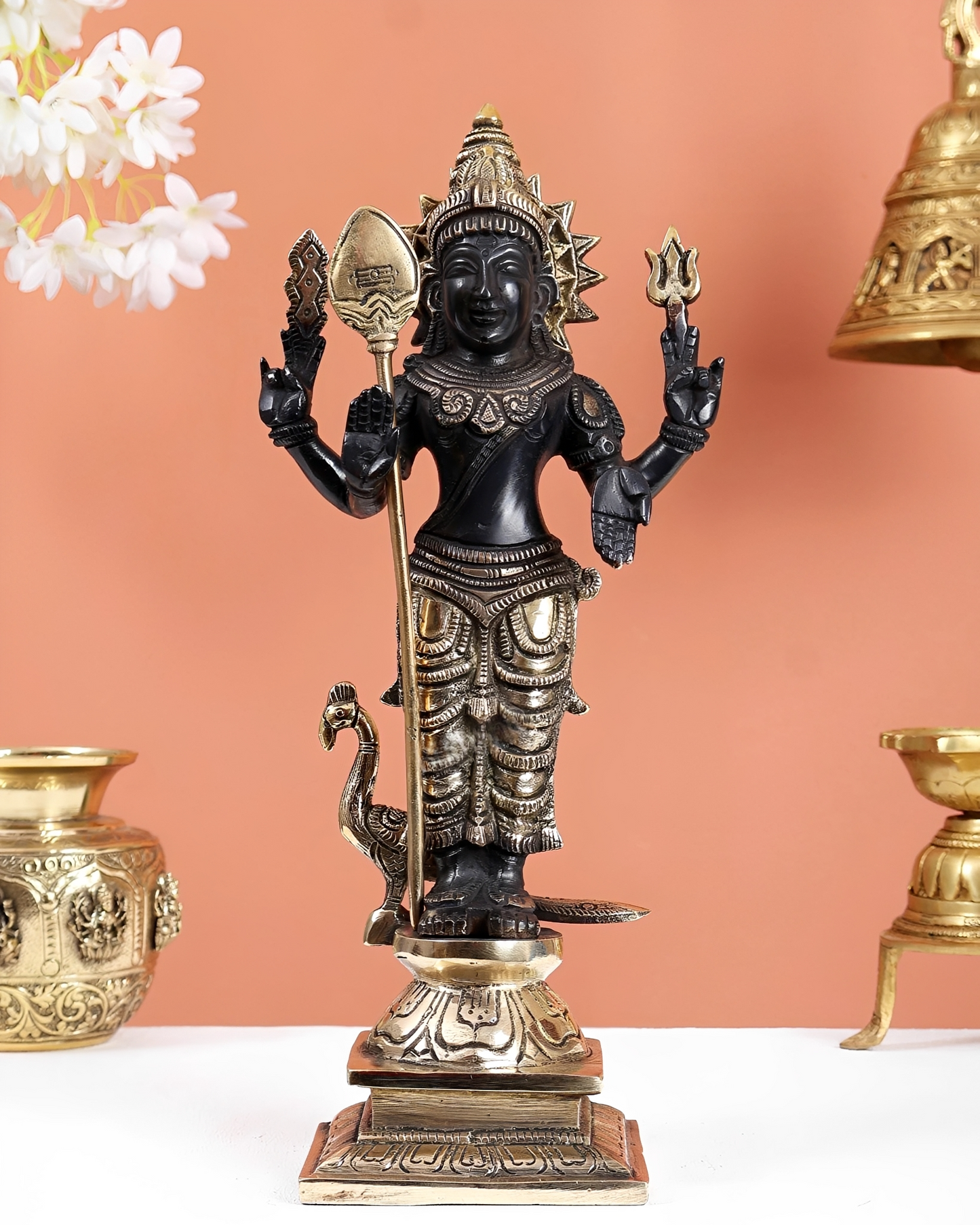 Brassaura® Lord Murugan Brass Statue | Heritage Dual-Tone Finish | Height 12 Inches & Weight 3.1 Kgs