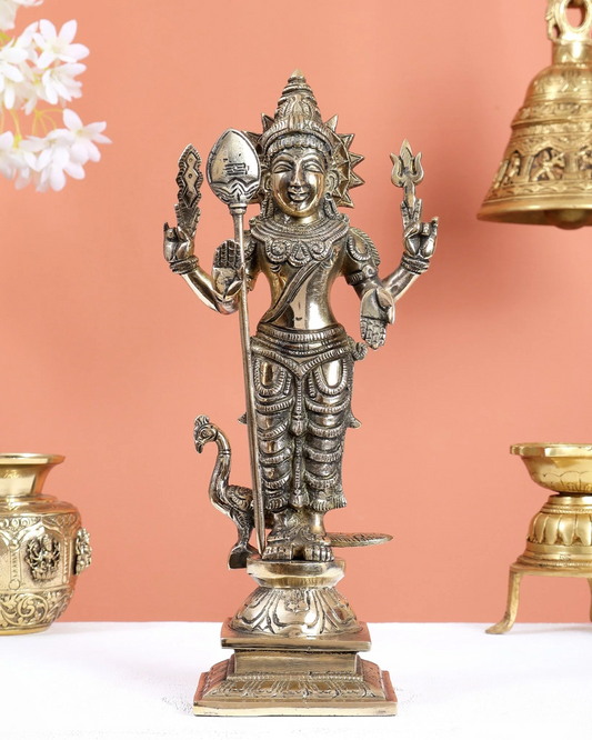 Brassaura® Lord Murugan Brass Statue | Glossy Heritage Finish | Height 12 Inches & Weight 3.1 Kgs