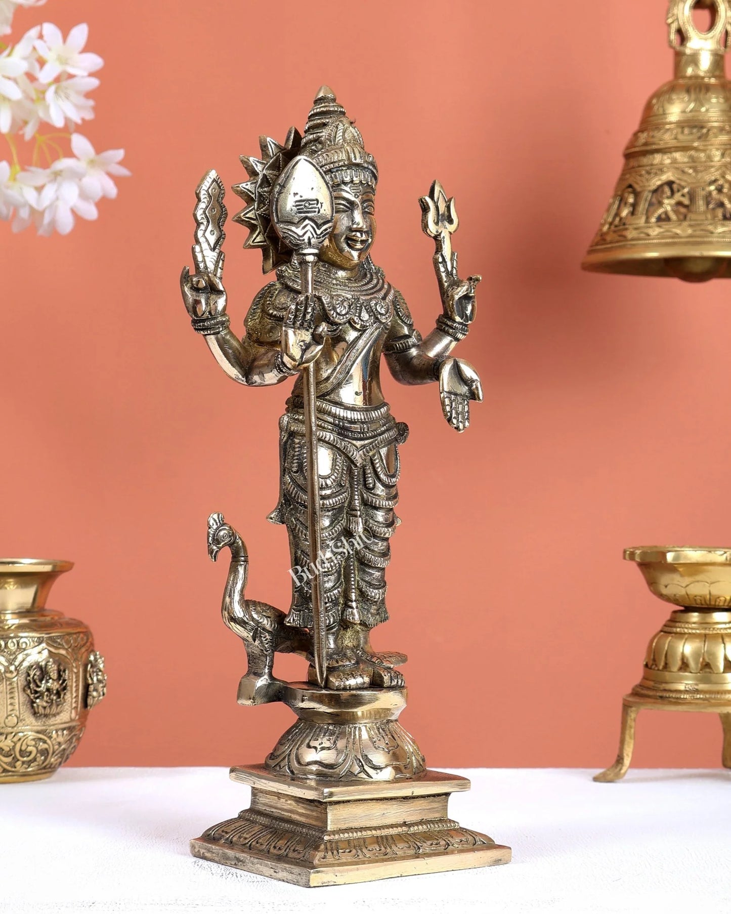 Brassaura® Lord Murugan Brass Statue | Glossy Heritage Finish | Height 12 Inches & Weight 3.1 Kgs