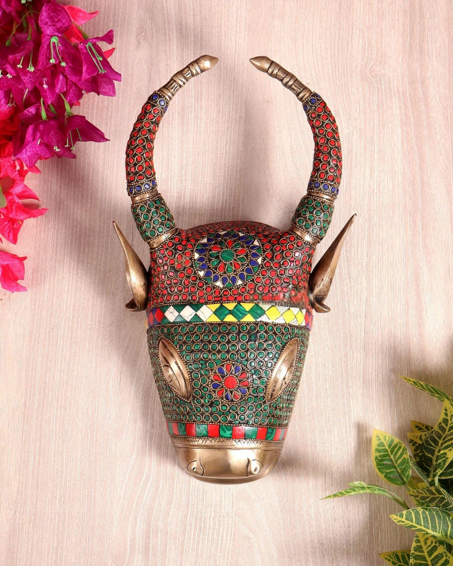 Brassaura® Nandi Bull Head Wall Hanging with Colourful Stone Finish | Pure Superfine Brass Handcrafted Murti | Brass Statue for Home Temple, Pooja Room | Height 12.2 Inches | Weight 3 Kgs