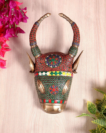 Brassaura® Nandi Bull Head Wall Hanging with Colourful Stone Finish | Pure Superfine Brass Handcrafted Murti | Brass Statue for Home Temple, Pooja Room | Height 12.2 Inches | Weight 3 Kgs