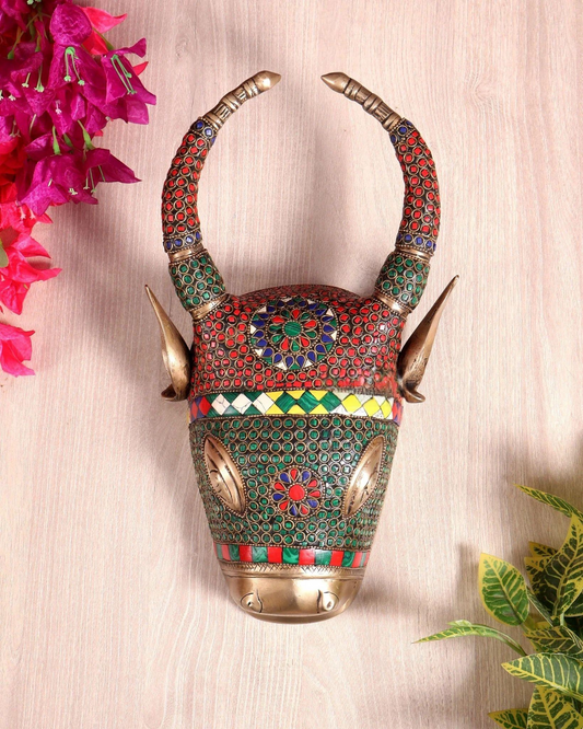 Brassaura® Nandi Bull Head Wall Hanging with Colourful Stone Finish | Pure Superfine Brass Handcrafted Murti | Brass Statue for Home Temple, Pooja Room | Height 12.2 Inches | Weight 3 Kgs
