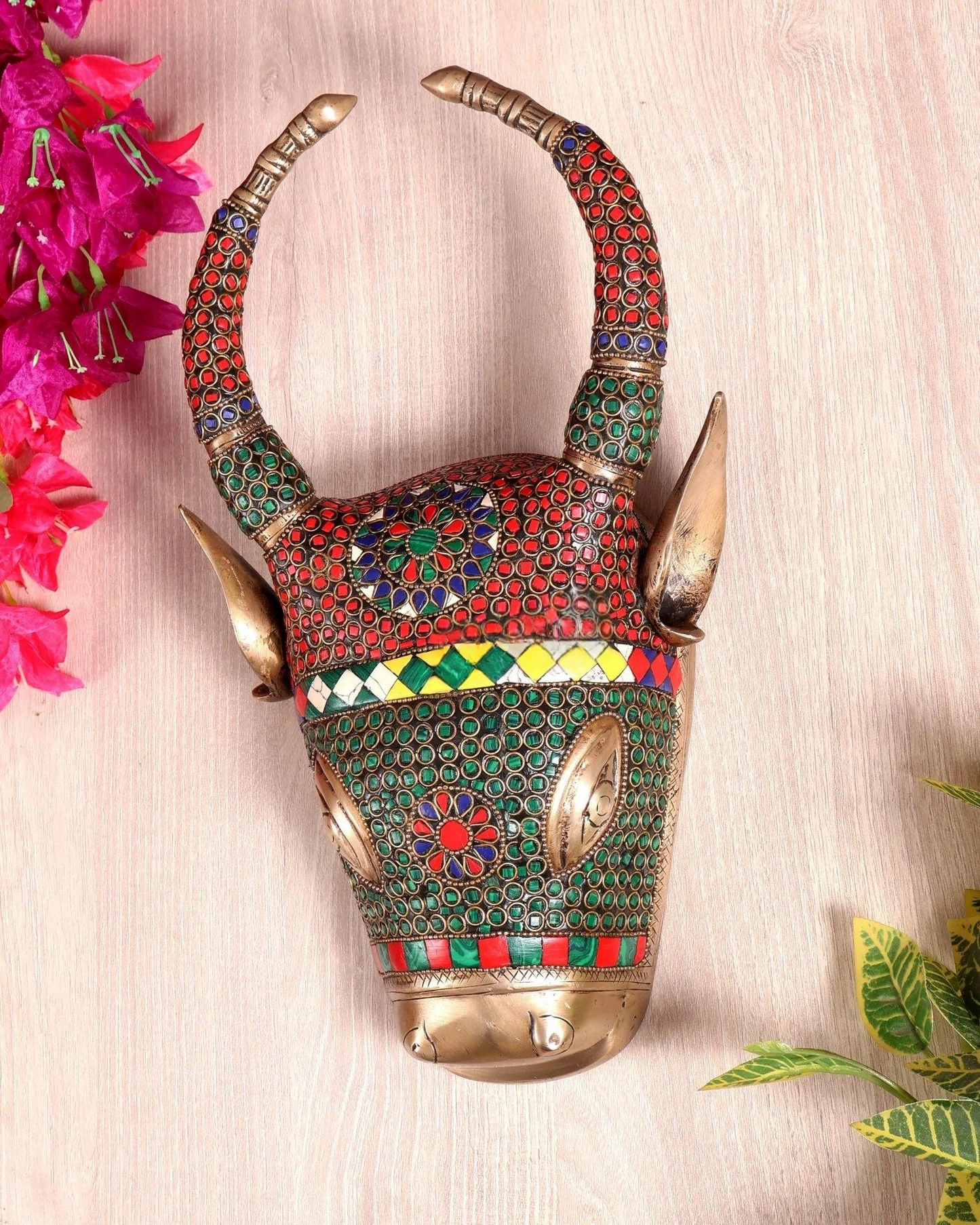 Brassaura® Nandi Bull Head Wall Hanging with Colourful Stone Finish | Pure Superfine Brass Handcrafted Murti | Brass Statue for Home Temple, Pooja Room | Height 12.2 Inches | Weight 3 Kgs
