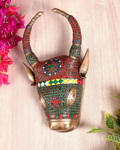 Brassaura® Nandi Bull Head Wall Hanging with Colourful Stone Finish | Pure Superfine Brass Handcrafted Murti | Brass Statue for Home Temple, Pooja Room | Height 12.2 Inches | Weight 3 Kgs