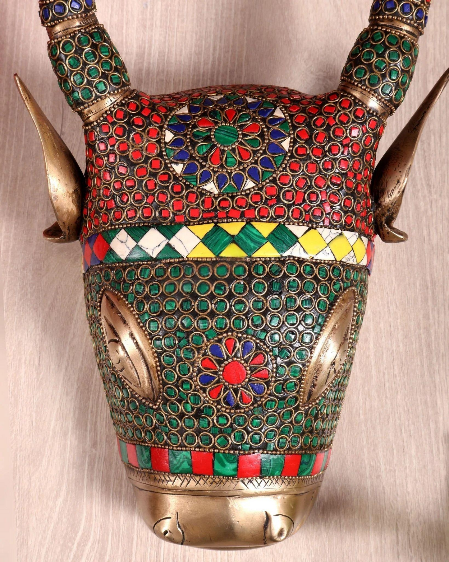 Brassaura® Nandi Bull Head Wall Hanging with Colourful Stone Finish | Pure Superfine Brass Handcrafted Murti | Brass Statue for Home Temple, Pooja Room | Height 12.2 Inches | Weight 3 Kgs