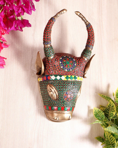 Brassaura® Nandi Bull Head Wall Hanging with Colourful Stone Finish | Pure Superfine Brass Handcrafted Murti | Brass Statue for Home Temple, Pooja Room | Height 12.2 Inches | Weight 3 Kgs