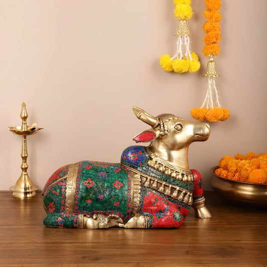 Brassaura™ Brass Nandi Idol with Stonework – Height 13.5 Inches & Weight 20 Kgs | Traditional Temple Decor