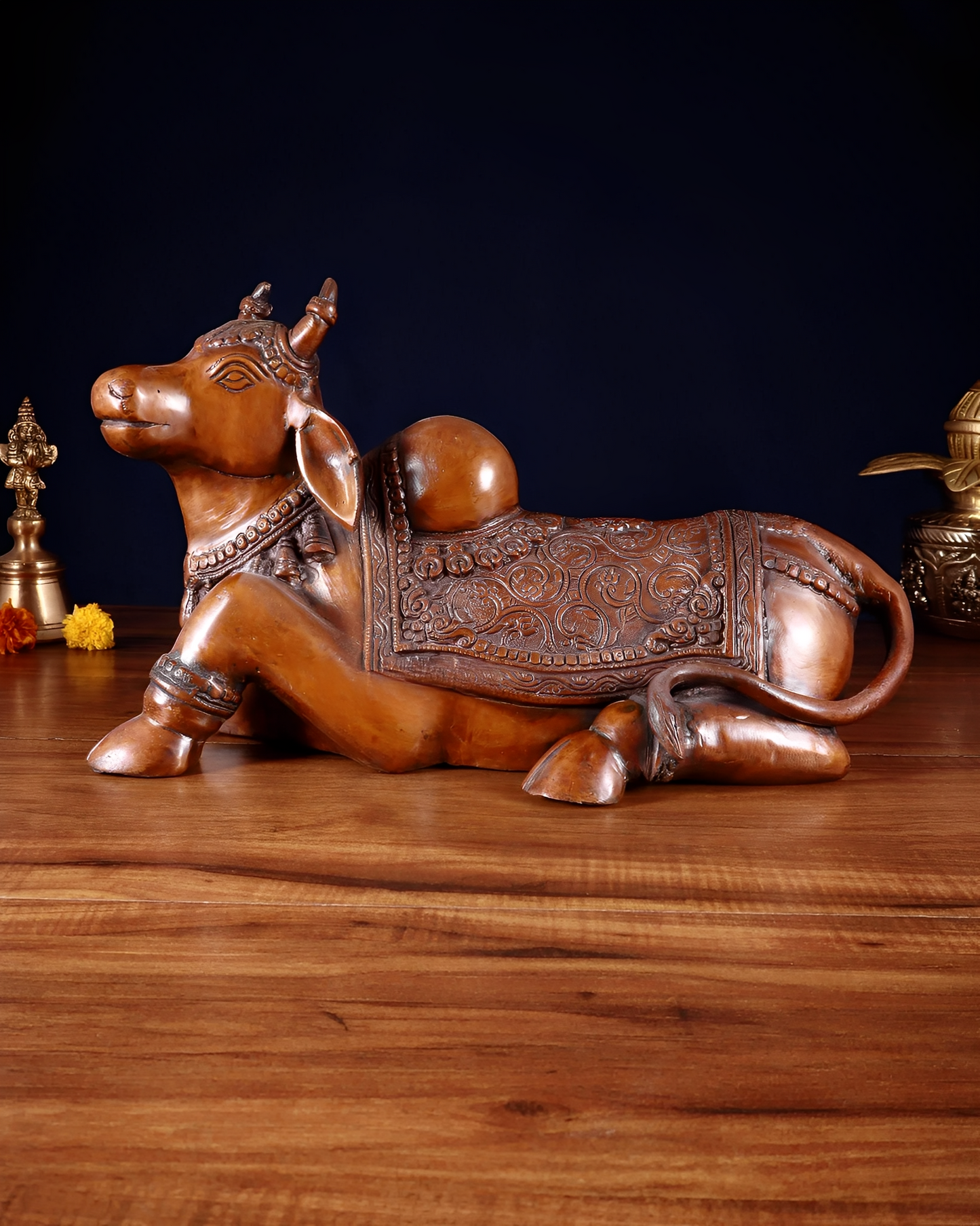 Brassaura™ Brass Nandi Statue with Copper Tone – Height 15" & Weight 9 Kgs | Temple & Home Décor