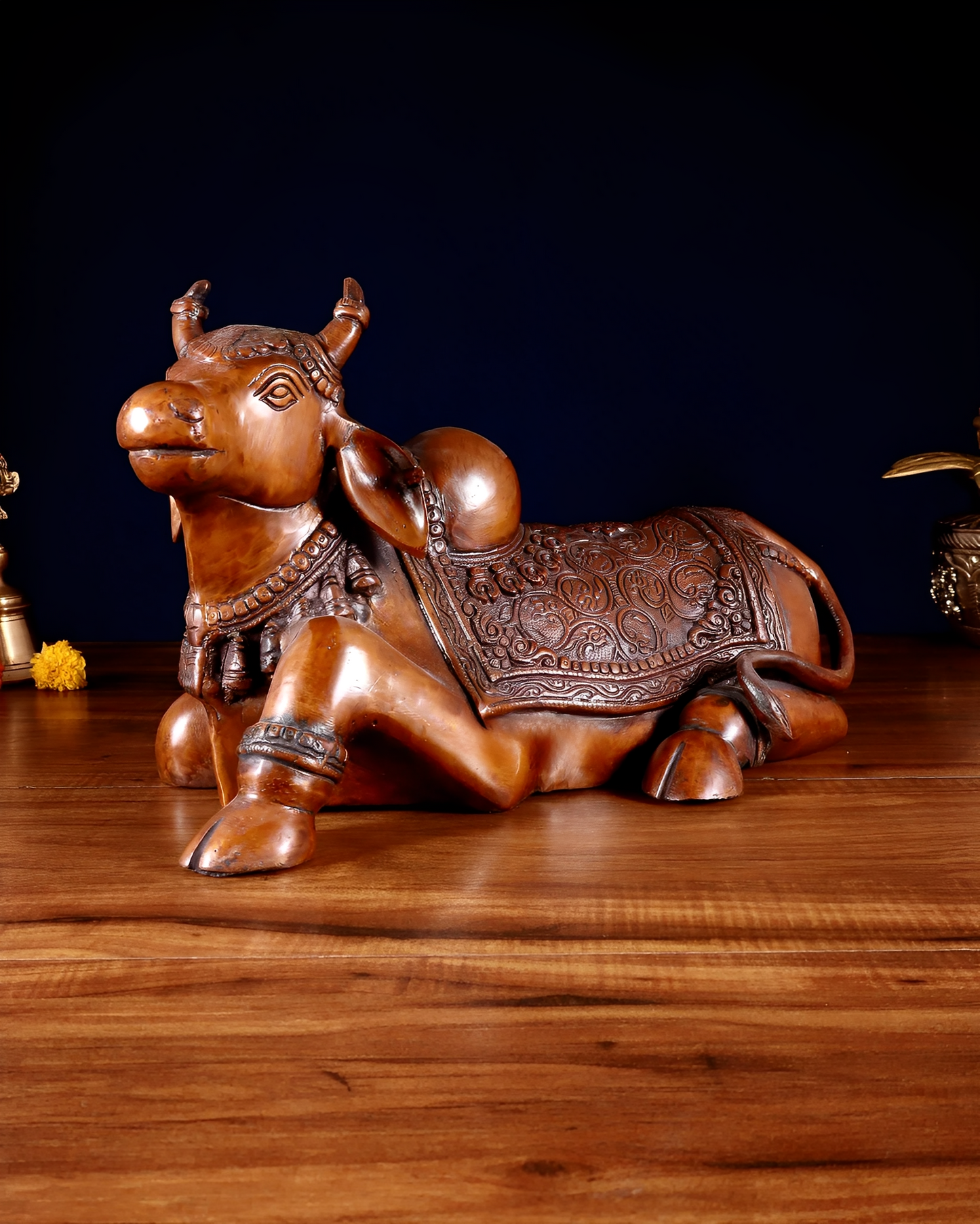 Brassaura™ Brass Nandi Statue with Copper Tone – Height 15" & Weight 9 Kgs | Temple & Home Décor