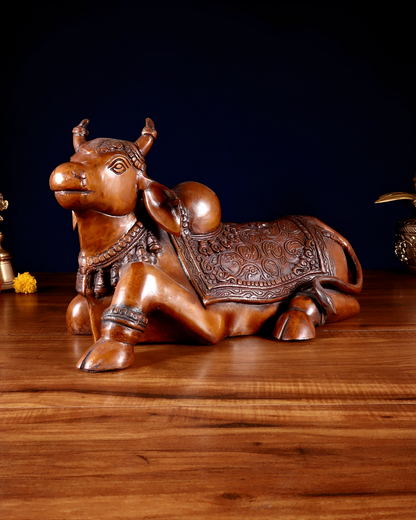 Brassaura™ Brass Nandi Statue with Copper Tone – Height 15" & Weight 9 Kgs | Temple & Home Décor