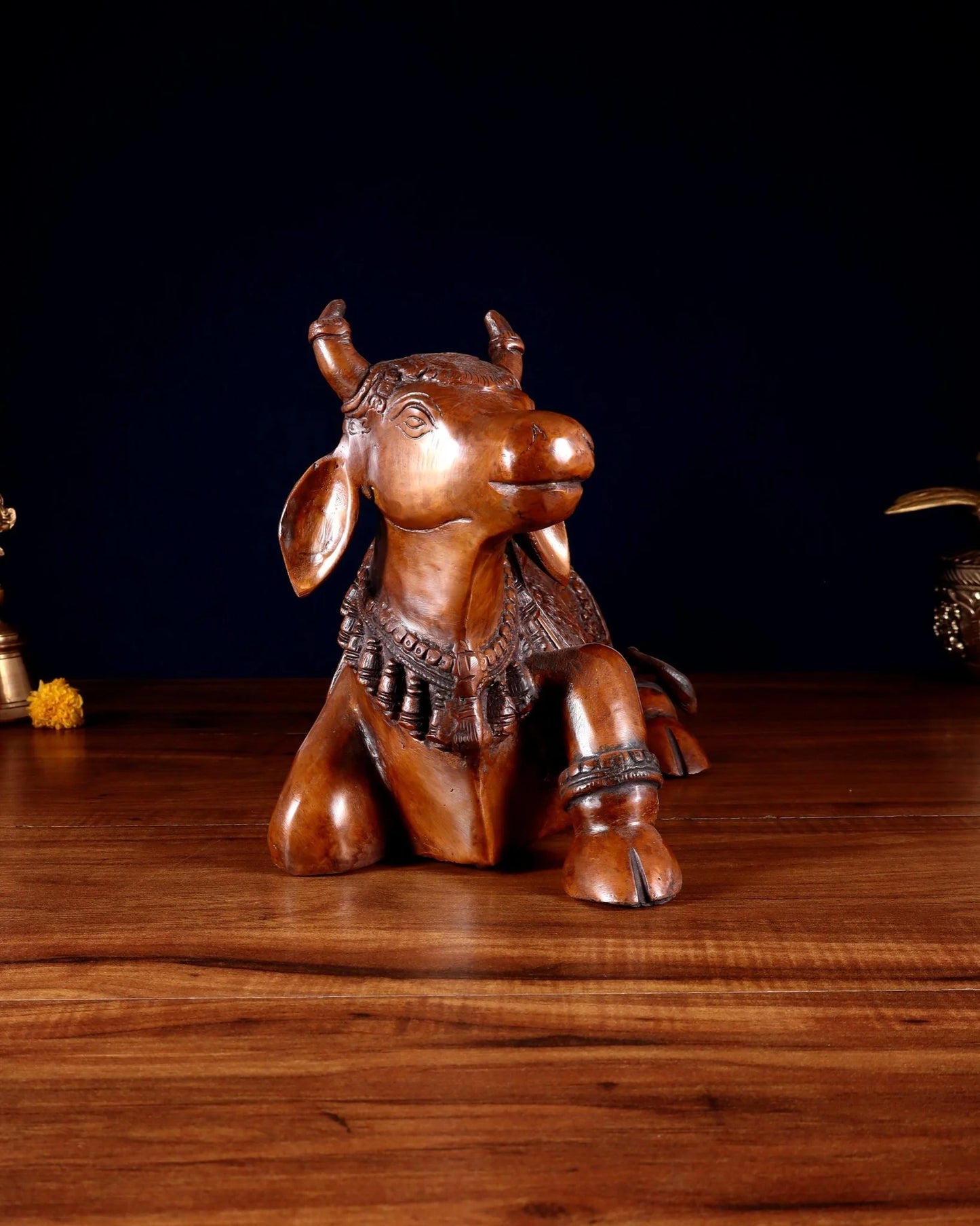 Brassaura™ Brass Nandi Statue with Copper Tone – Height 15" & Weight 9 Kgs | Temple & Home Décor