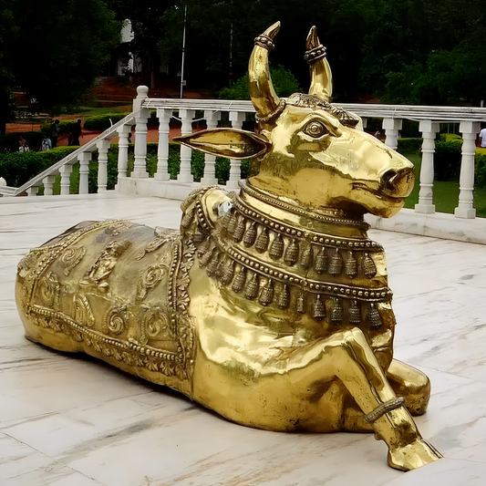 Brassaura™ Grand Brass Nandi Statue with Intricate Shiva Carvings – Height 44" & Weight 145 Kgs | Temple & Spiritual Décor