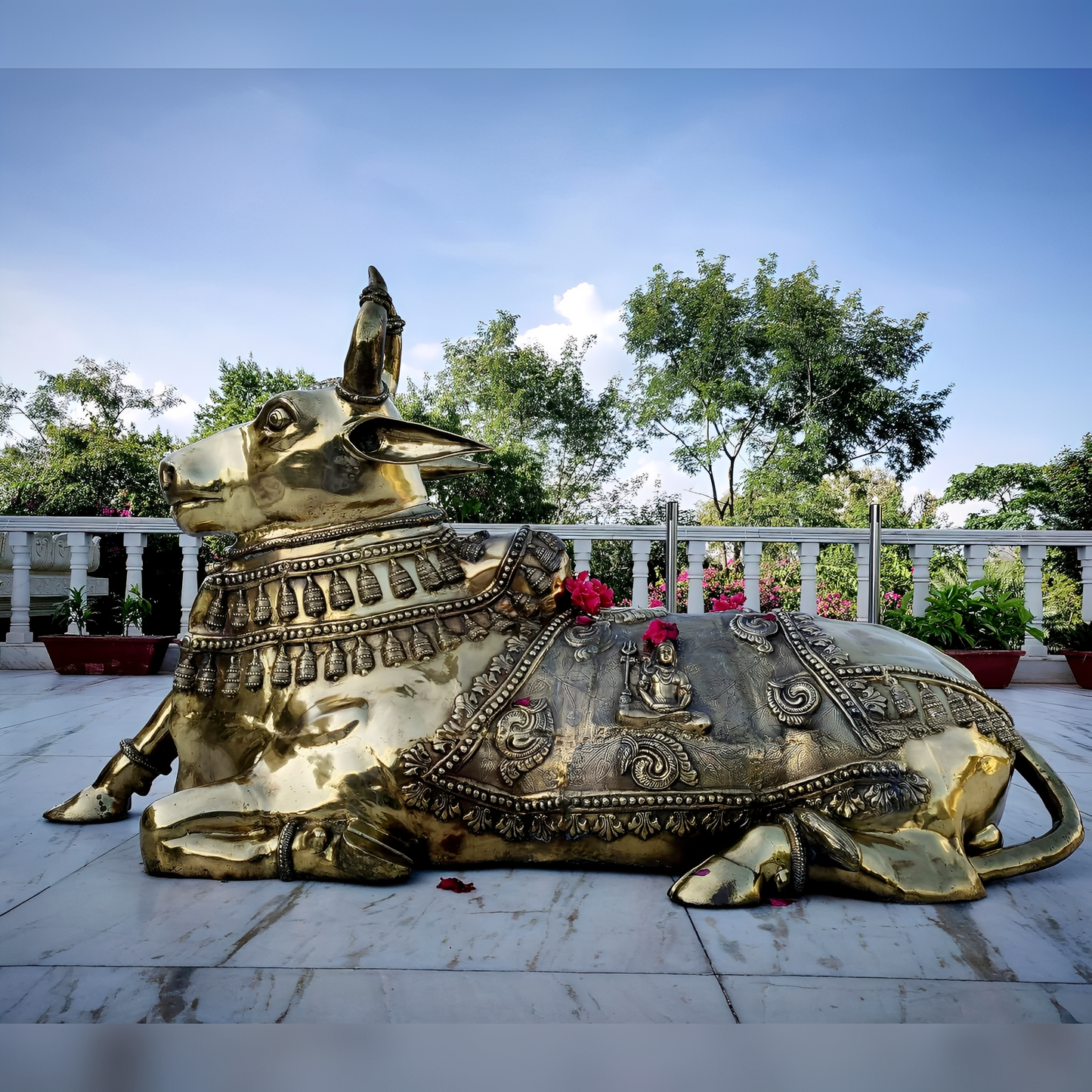 Brassaura™ Grand Brass Nandi Statue with Intricate Shiva Carvings – Height 44" & Weight 145 Kgs | Temple & Spiritual Décor