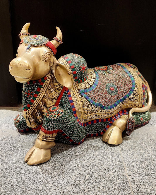 Brassaura™ Brass Nandi Statue with Stonework – Height 15 Inches & Weight 9 Kgs | Sacred Temple Idol