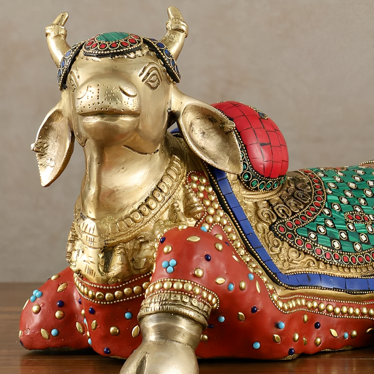 Brassaura™ Brass Nandi Statue with Intricate Stonework – Height 15" & Weight 9 Kgs | Temple & Home Décor