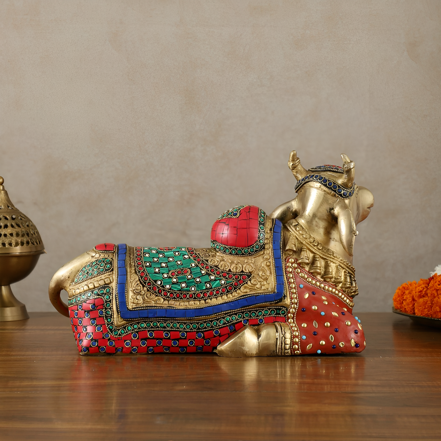 Brassaura™ Brass Nandi Statue with Intricate Stonework – Height 15" & Weight 9 Kgs | Temple & Home Décor