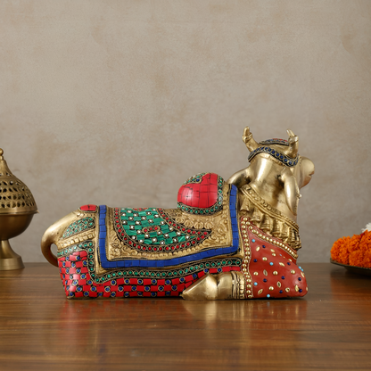 Brassaura™ Brass Nandi Statue with Intricate Stonework – Height 15" & Weight 9 Kgs | Temple & Home Décor