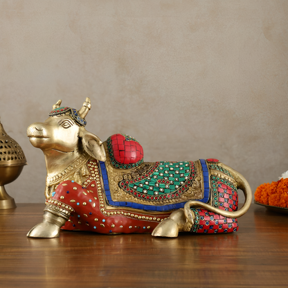 Brassaura™ Brass Nandi Statue with Intricate Stonework – Height 15" & Weight 9 Kgs | Temple & Home Décor