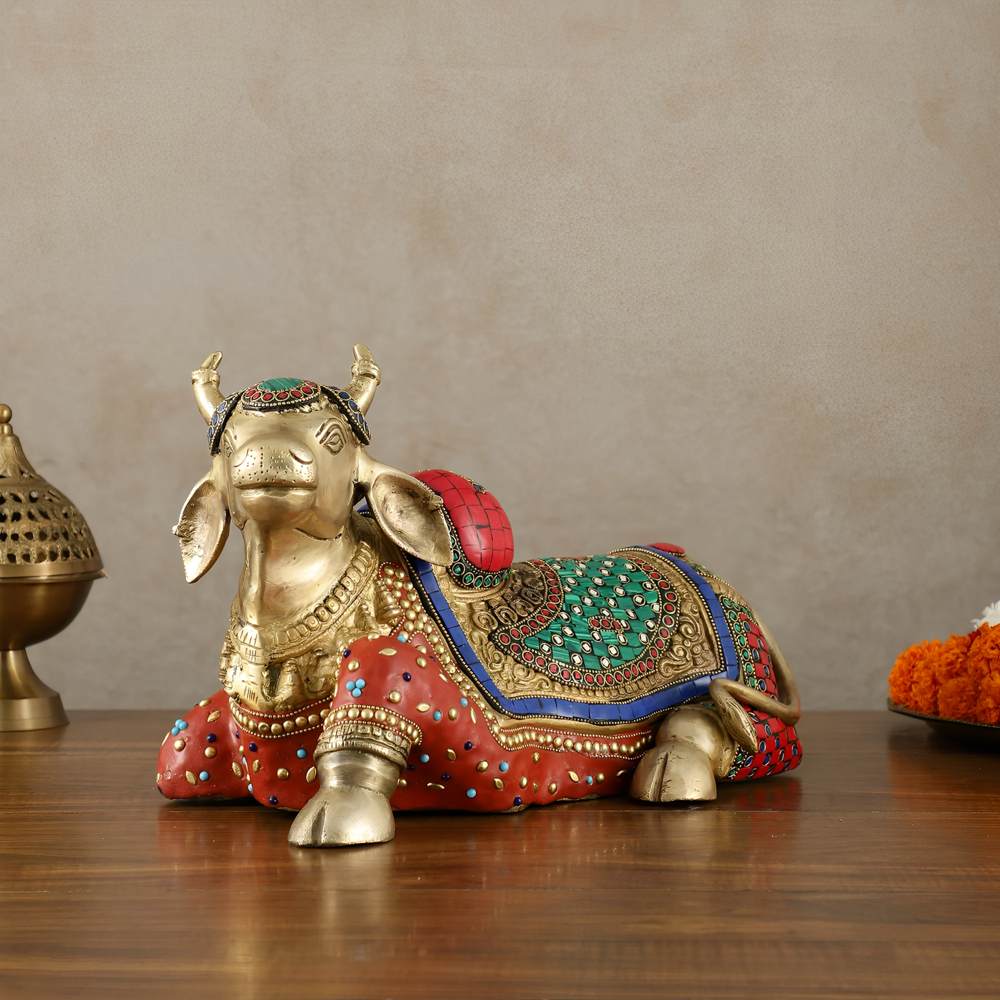 Brassaura™ Brass Nandi Statue with Intricate Stonework – Height 15" & Weight 9 Kgs | Temple & Home Décor
