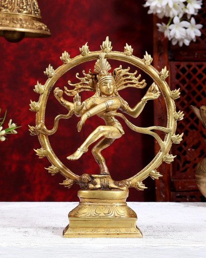 Brassaura® Nataraja Dancing Shiva Idol with Gold Tone Finish | Pure Superfine Brass Handcrafted Murti | Brass Statue for Home Temple, Pooja Room | Height 9.2 Inches | Weight 1.3 Kgs